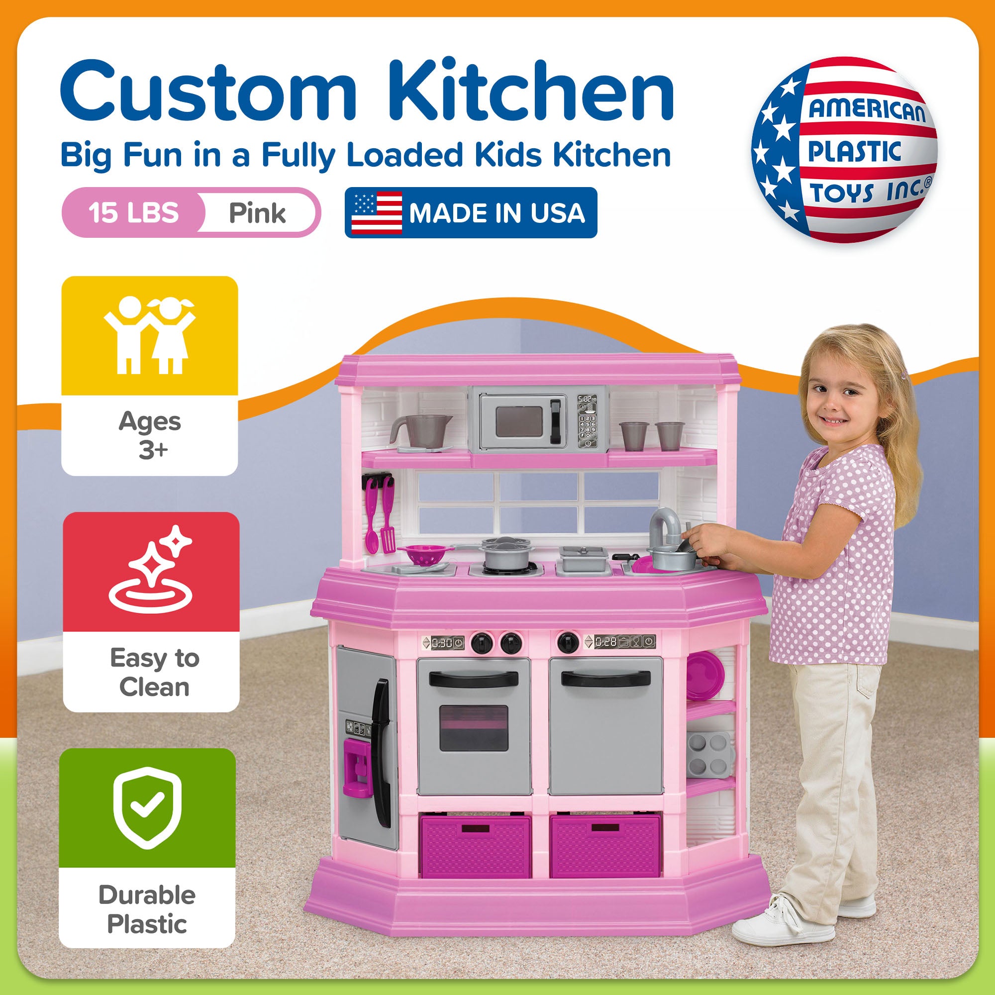 American Plastic Toys Custom Kitchen Pretend Play Toy Set for Kids, Pink - VMInnovations