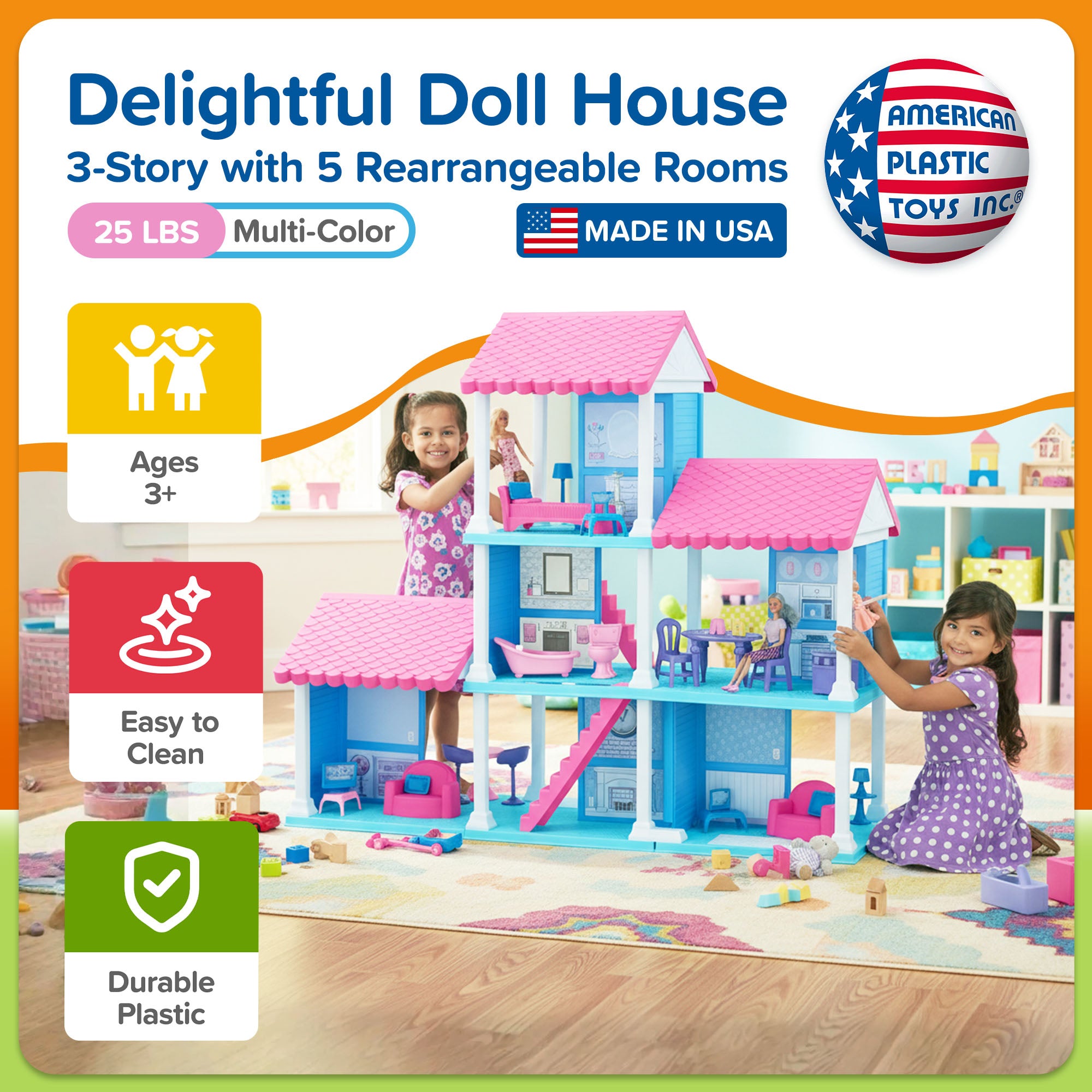 American Plastic Toys Fashion Doll Delightful Doll House w/ 25 Furniture Pieces - VMInnovations