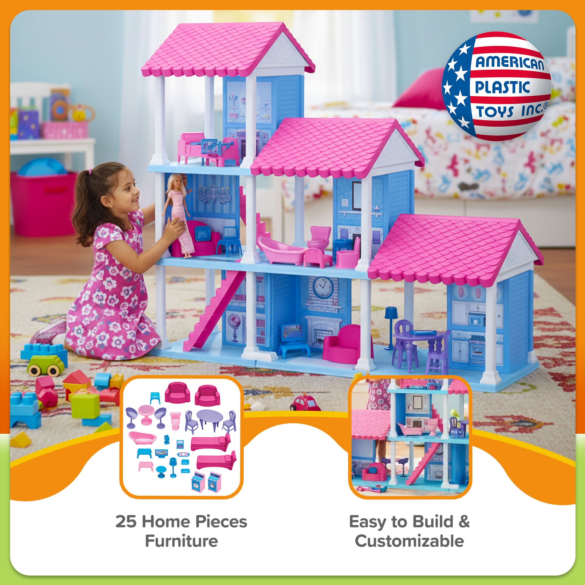 American Plastic Toys Fashion Doll Delightful Doll House w/ 25 Furniture Pieces - VMInnovations