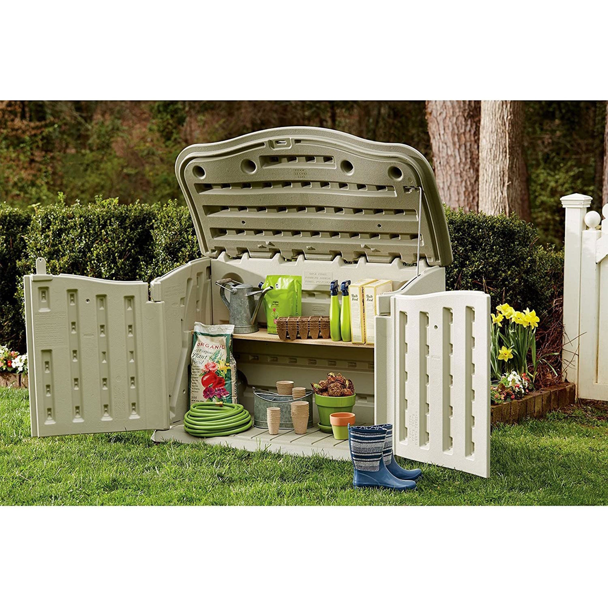 Rubbermaid Plastic Double Walled Horizontal Storage Shed, Sand/Brown (Used) - VMInnovations