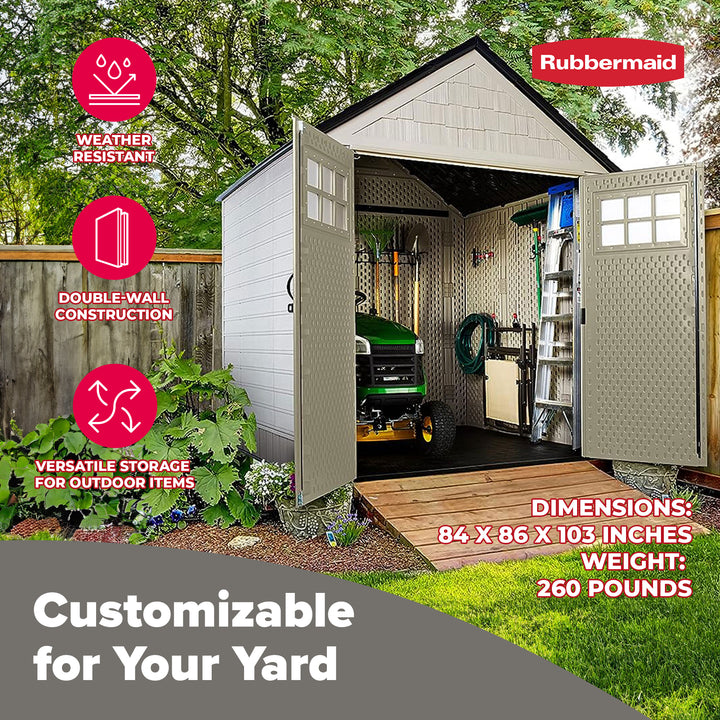 Rubbermaid 7x7 Ft Durable Weather Resistant Resin Outdoor Storage Shed, Sand