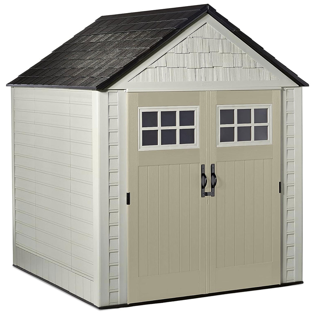 Rubbermaid 7x7 Ft Weather Resistant Resin Outdoor Storage Shed, Sand (Open Box)