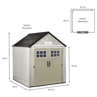 Rubbermaid 7x7 Ft Weather Resistant Resin Outdoor Storage Shed, Sand (Used)