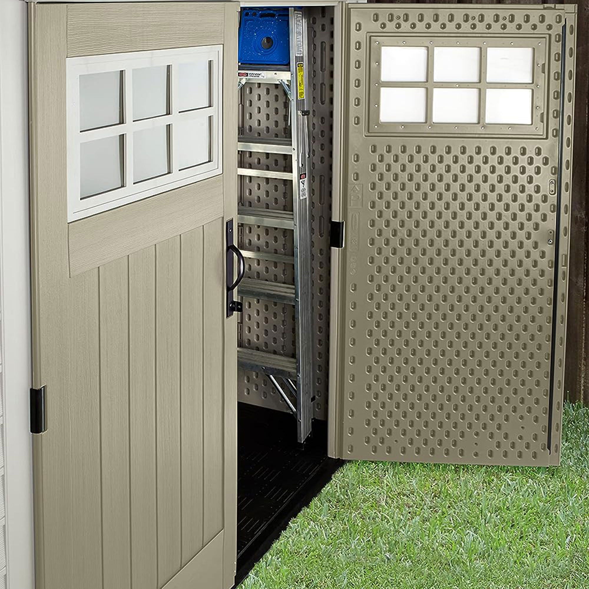 Rubbermaid 7x7 Ft Weather Resistant Resin Outdoor Storage Shed, Sand (Open Box) - VMInnovations