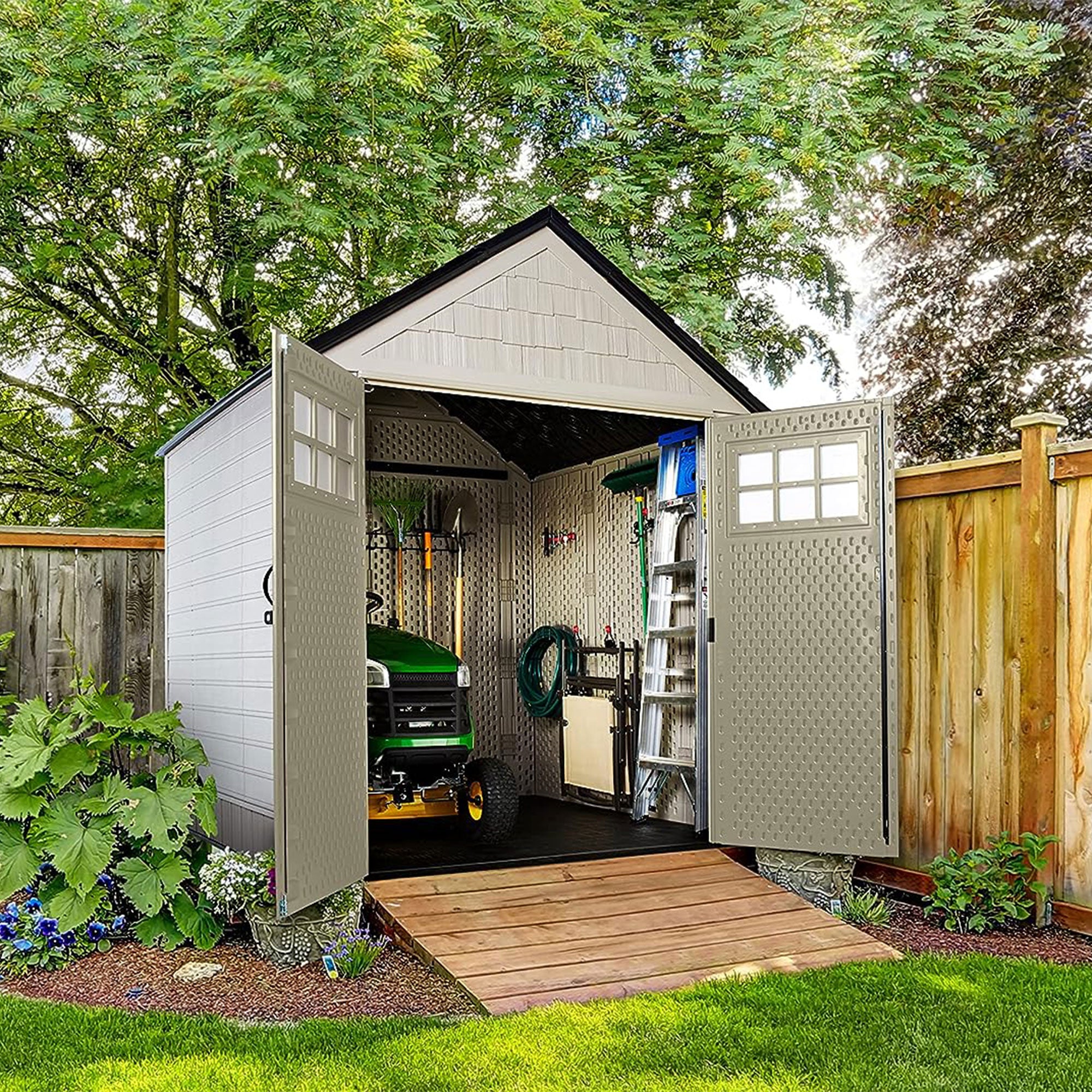 Rubbermaid 7x7 Ft Weather Resistant Resin Outdoor Storage Shed, Sand (Open Box) - VMInnovations