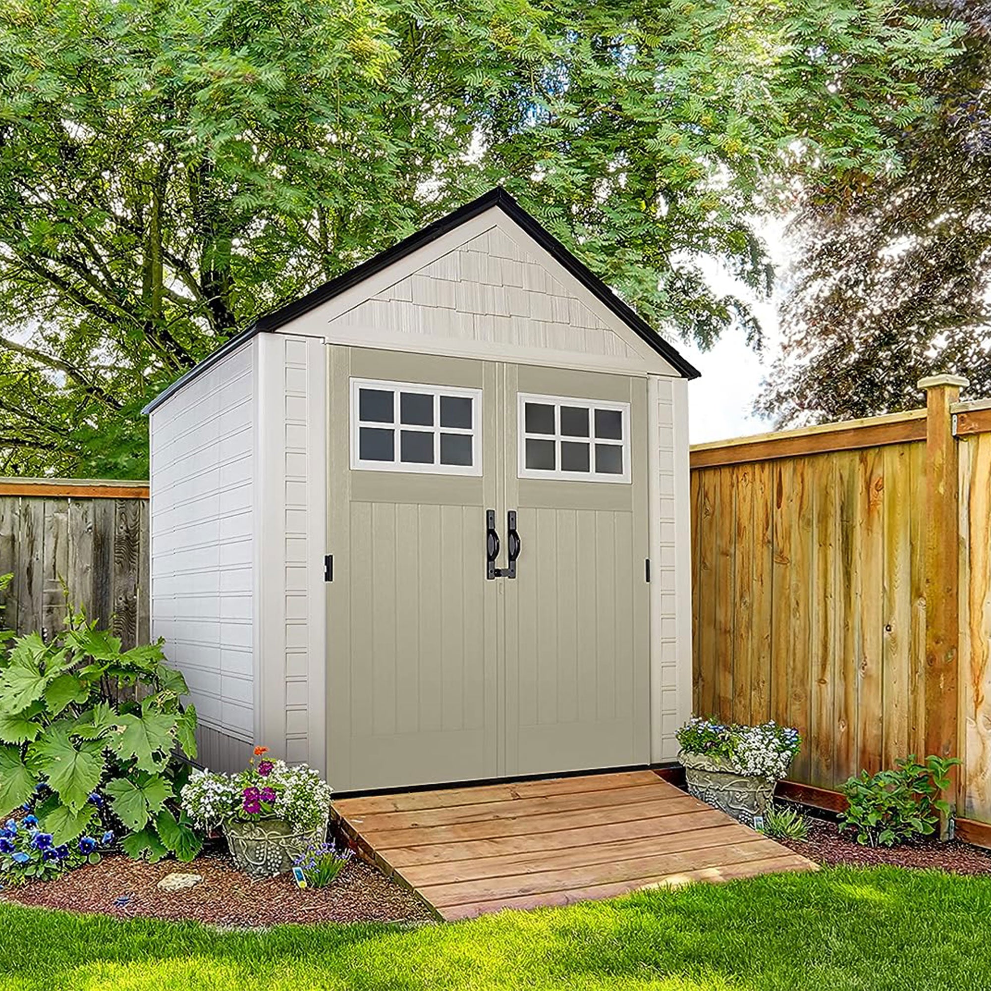 Rubbermaid 7x7 Ft Weather Resistant Resin Outdoor Storage Shed, Sand (Open Box) - VMInnovations