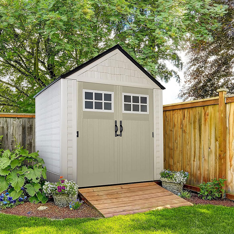 Rubbermaid 7x7 Ft Durable Weather Resistant Resin Outdoor Storage Shed, Sand