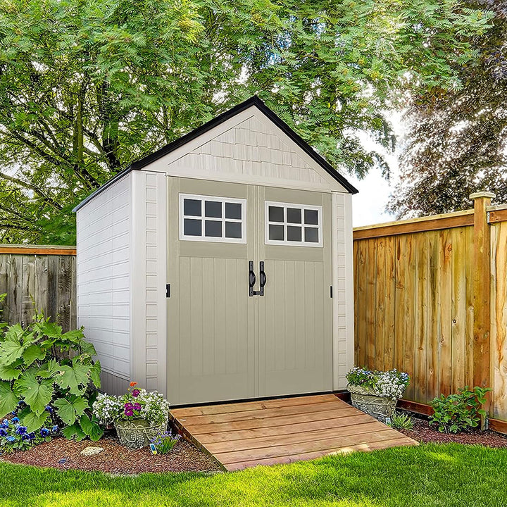 Rubbermaid 7x7 Ft Weather Resistant Resin Outdoor Storage Shed, Sand (Open Box)