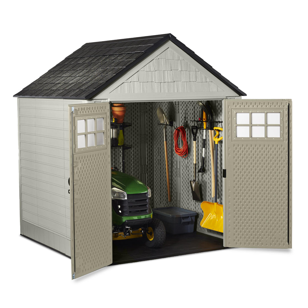 Rubbermaid 7x7 Ft Durable Weatherproof Resin Outdoor Storage Shed, Sand (2 Pack)