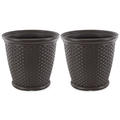 Suncast Sonora 22 Inch Resin Wicker Decorative Garden Planter, Java (2 Pack) - VMInnovations
