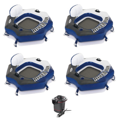 Intex River Run Connect Inflatable 1 Person Tube Float (4 Pack) & 12 V Air Pump