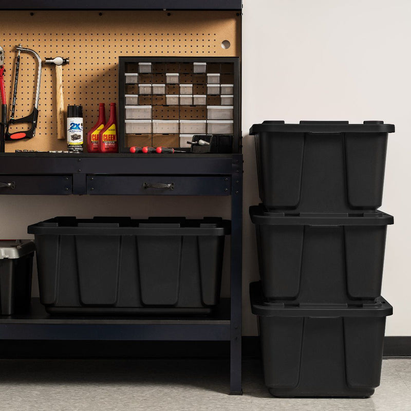 589090 27 Gallon Utility Tough Stackable Storage Tote, Black (4 Pack) (Open Box)