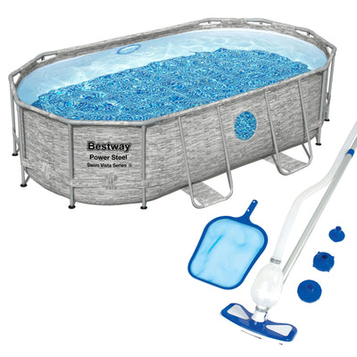Bestway 14 x 8 x 3.3 Foot Power Swim Vista Pool Set with Pump and Cleaning Kit - VMInnovations