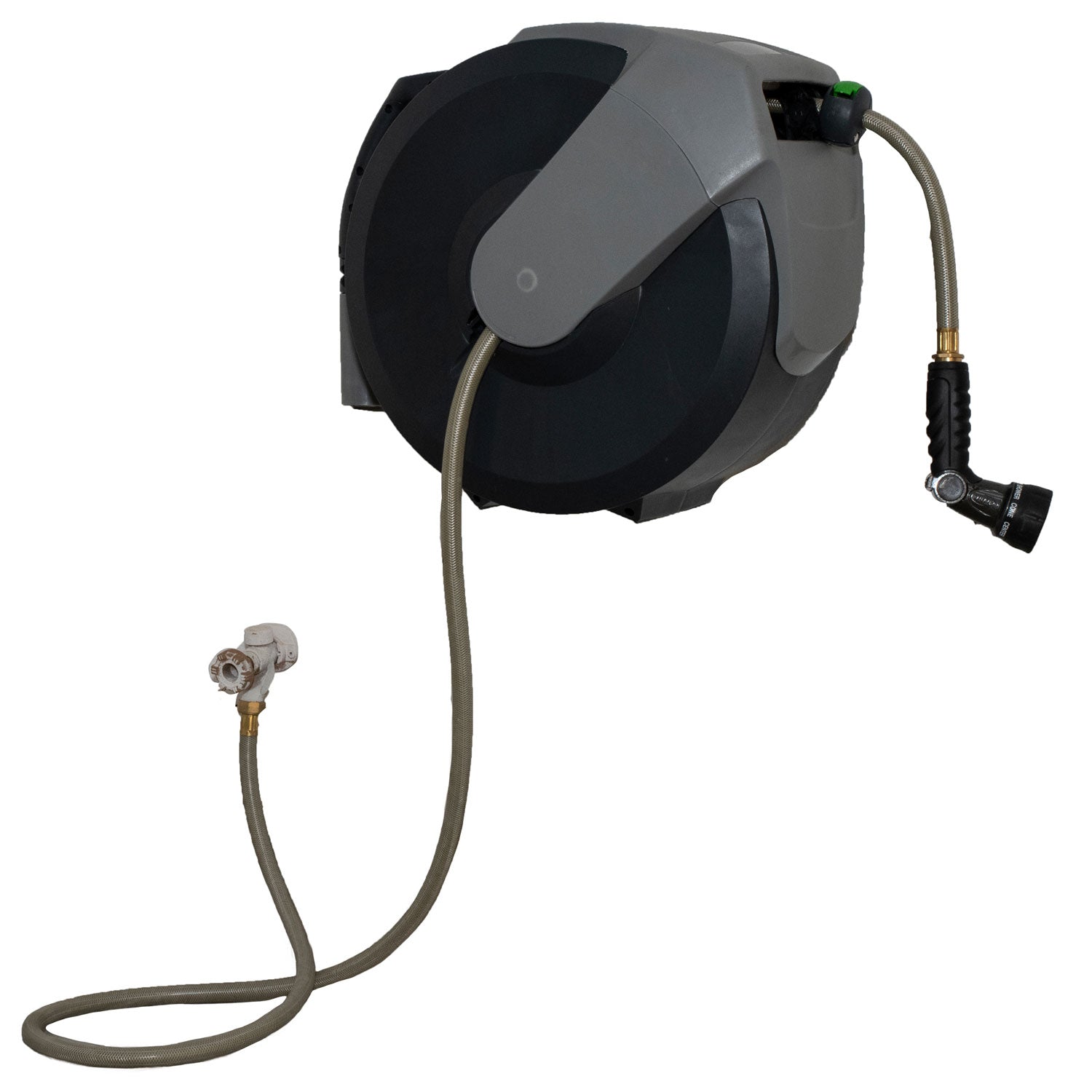 EarthWay Products 75 Foot Hose w/ Nozzle, Storage Drum, & Wall Mount (Used) - VMInnovations