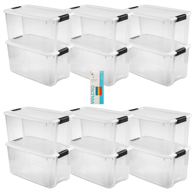 Sterilite 70 Quart Ultra Latch Storage Box, 12 Pk, w/ Velcro Reusable Wire, 5 Pk