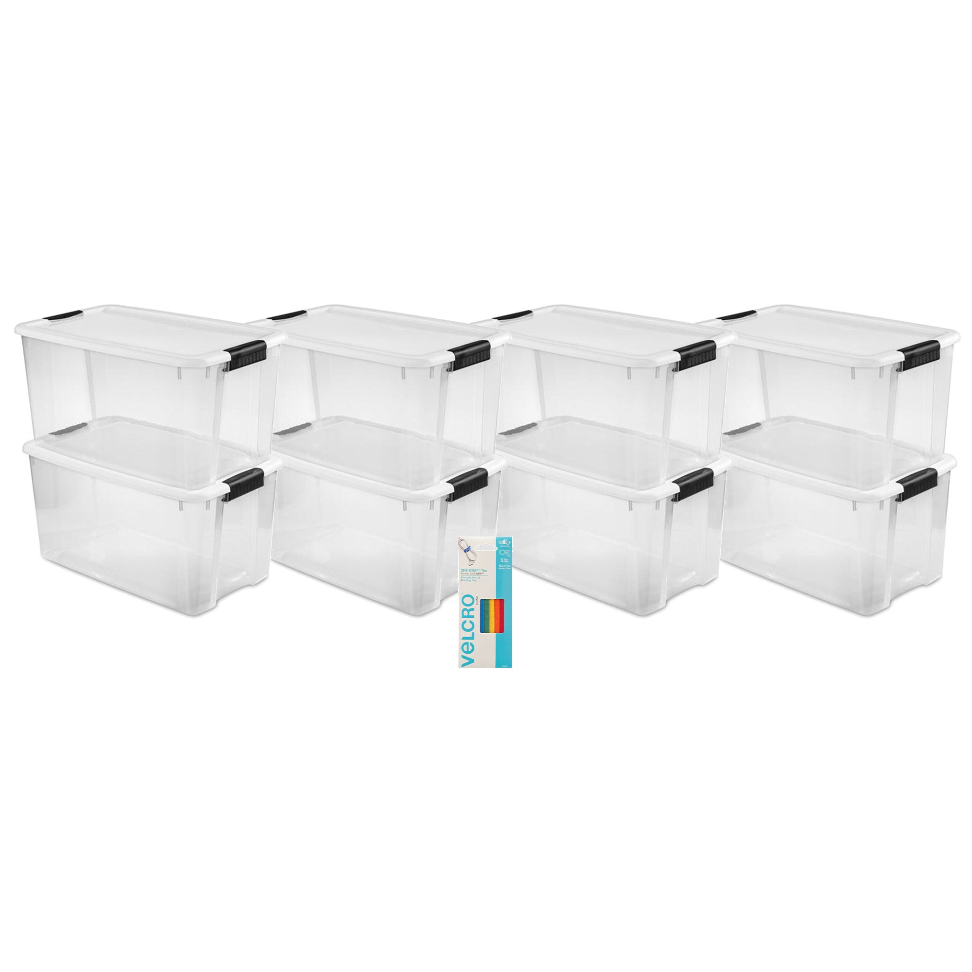 Sterilite 70 Quart Ultra Latch Storage Box, 8 Pk, w/ Velcro Reusable Wire, 5 Pk - VMInnovations