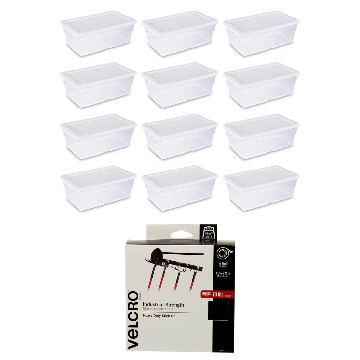 Sterilite 6 Quart Plastic Storage Container Tote (12 Pack) + Velcro Adhesive