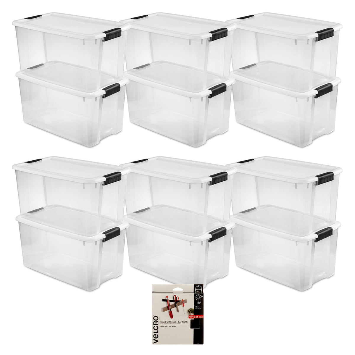 Sterilite 70Qt Ultra Latch Clear Box 12Pk & Velcro 10Ft Low Profile 1" Fastener