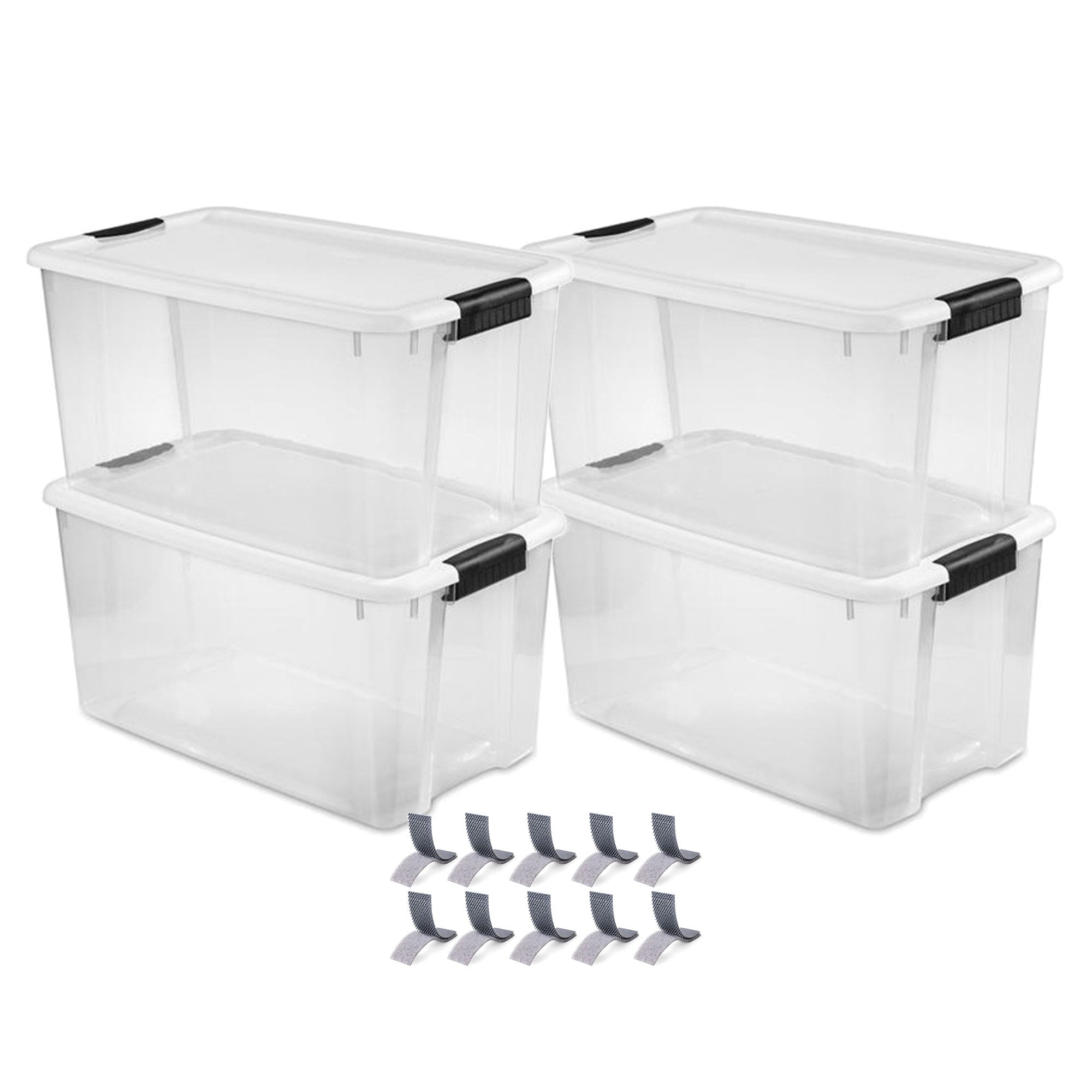 Sterilite 70Qt Ultra Latch Storage Box, 4Pk, & Velcro Extreme Outdoor Fasteners