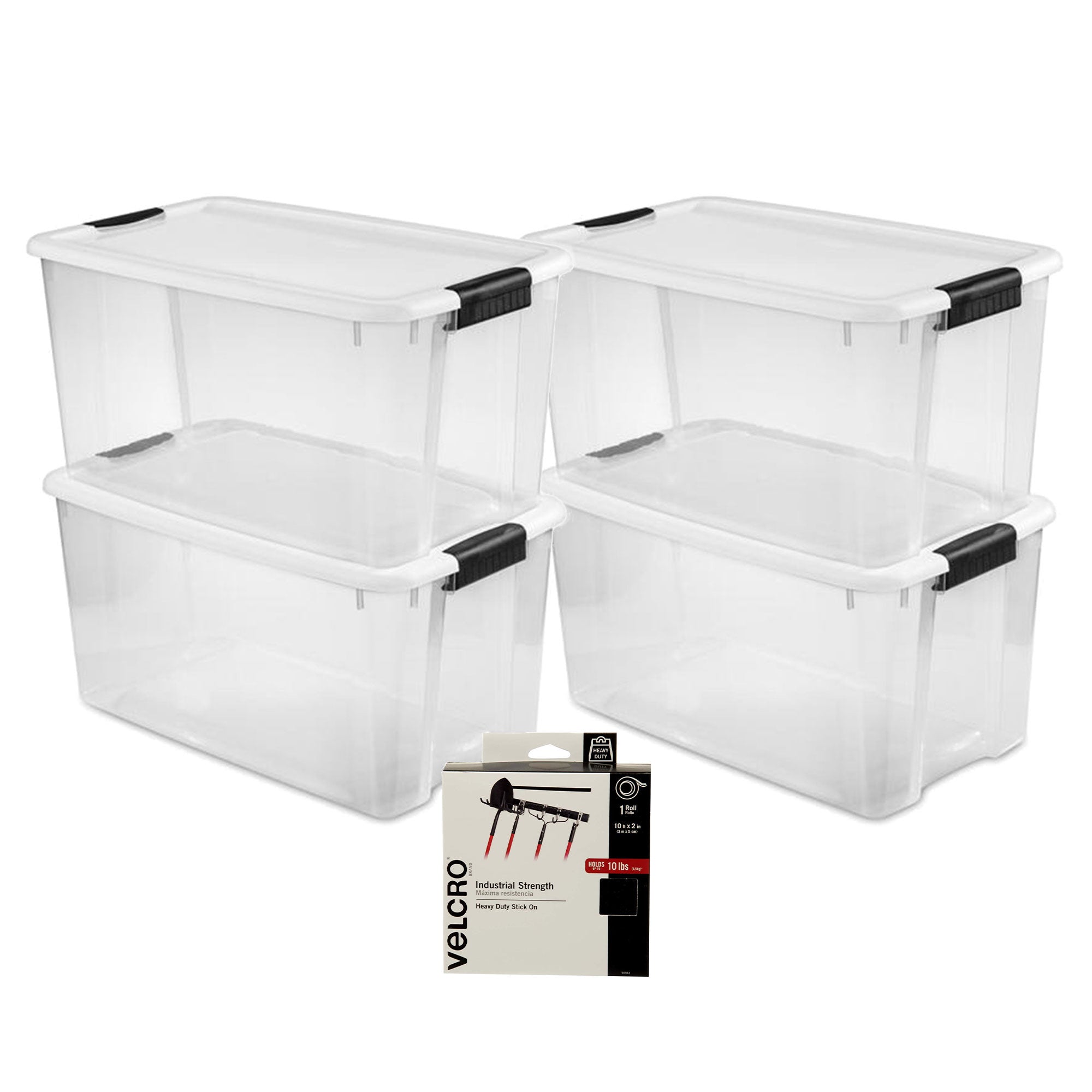 Sterilite 70 Qt Ultra Latch Storage Box, 4 Pk, & Velcro 10 Ft Adhesive Fastener
