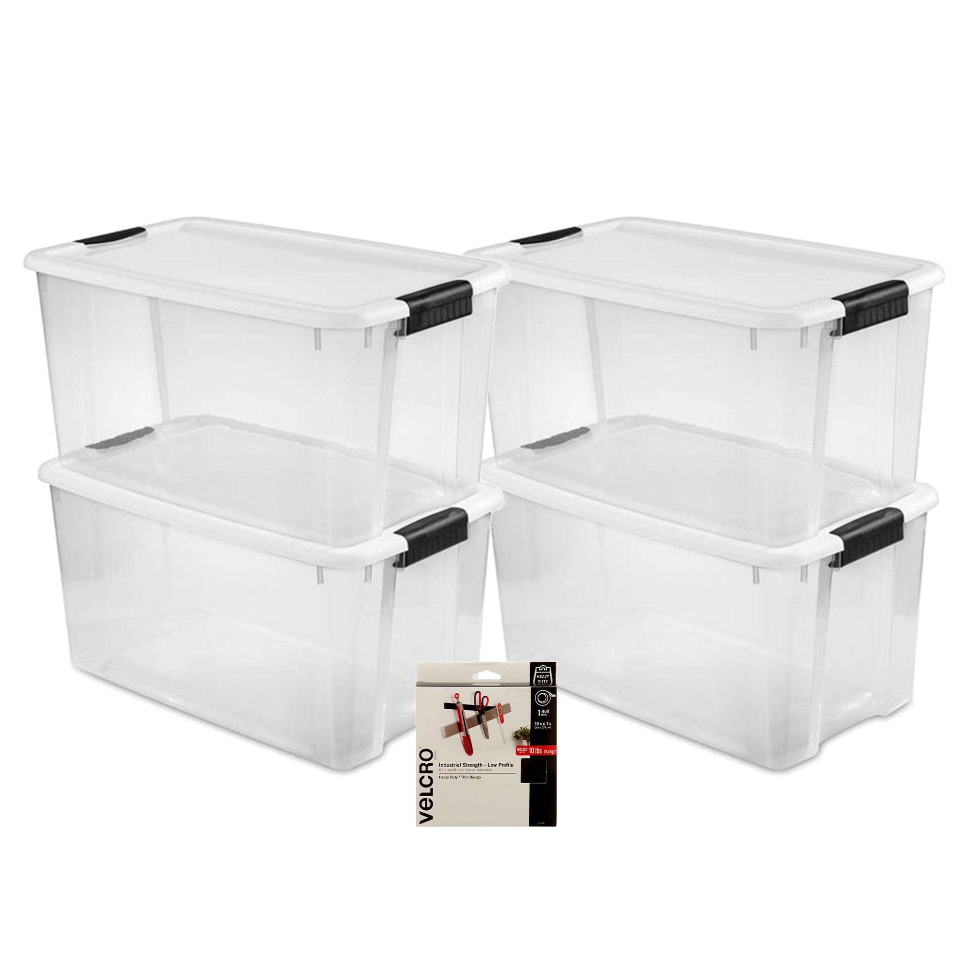 Sterilite 70Qt Ultra Latch Clear Box 4Pk and Velcro 10Ft Low Profile 1" Fastener