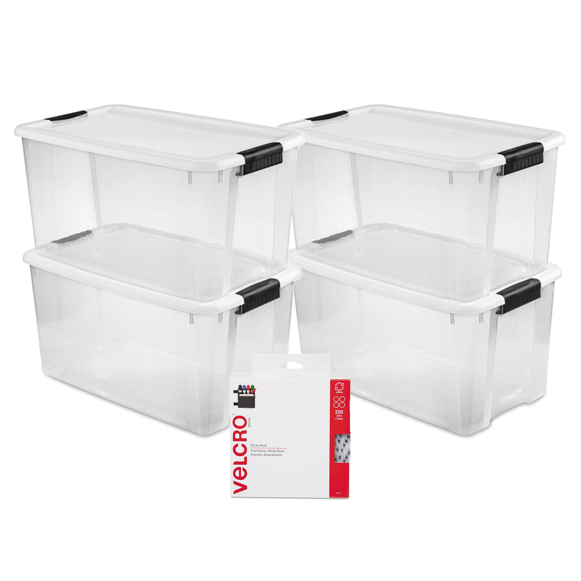 Sterilitie 70 Qt Ultra Latch Storage Box 4 Pack w/ Velcro Sticky Back Pads, 200