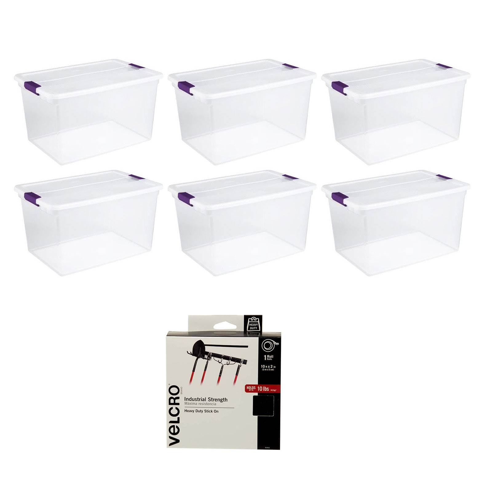 Sterilite 66 Qt Storage Tote (6 Pack) Bundled with VELCRO Brand 10 Ft Adhesive - VMInnovations