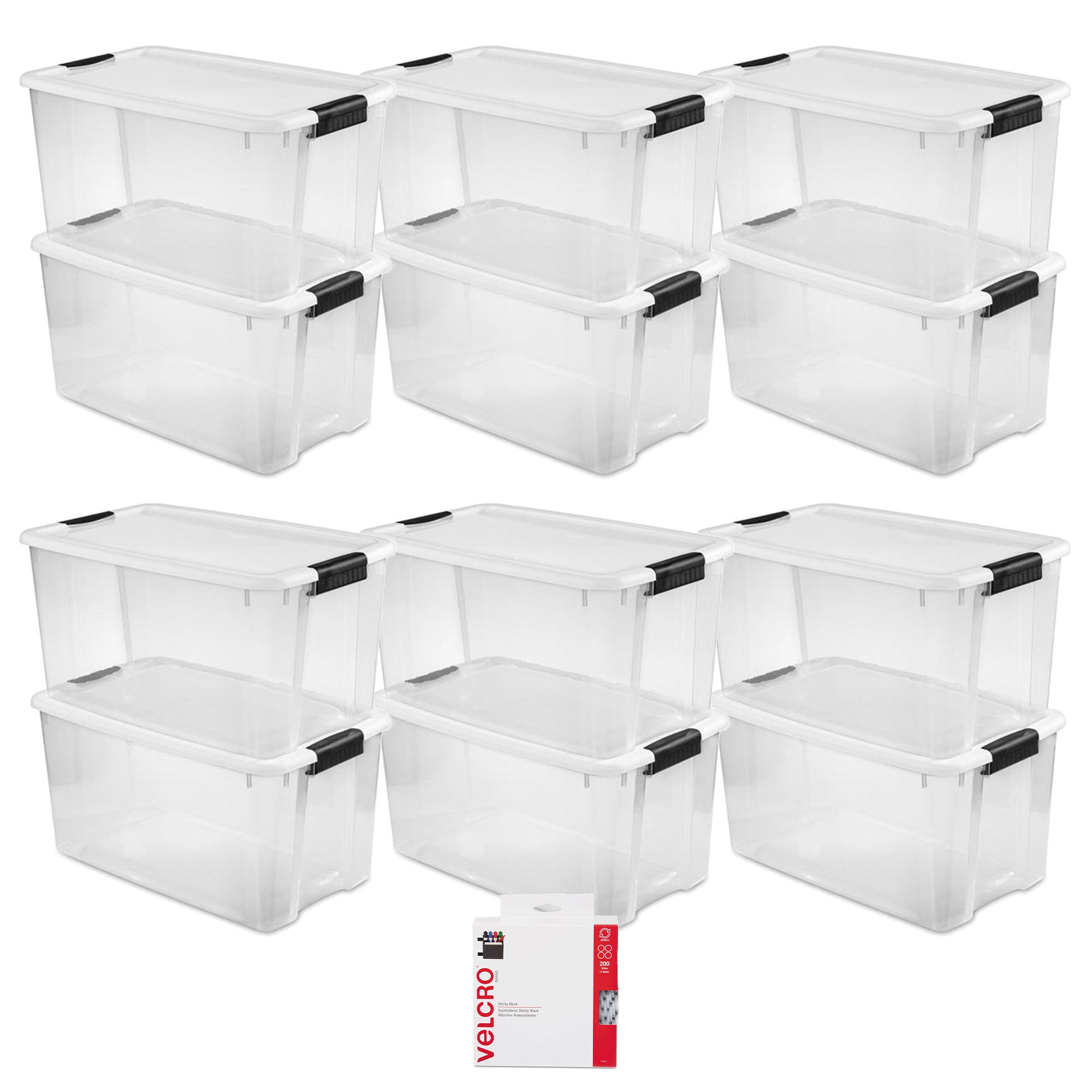 Sterilitie 70 Qt Ultra Latch Storage Box 12 Pack w/ Velcro Sticky Back Pads, 200