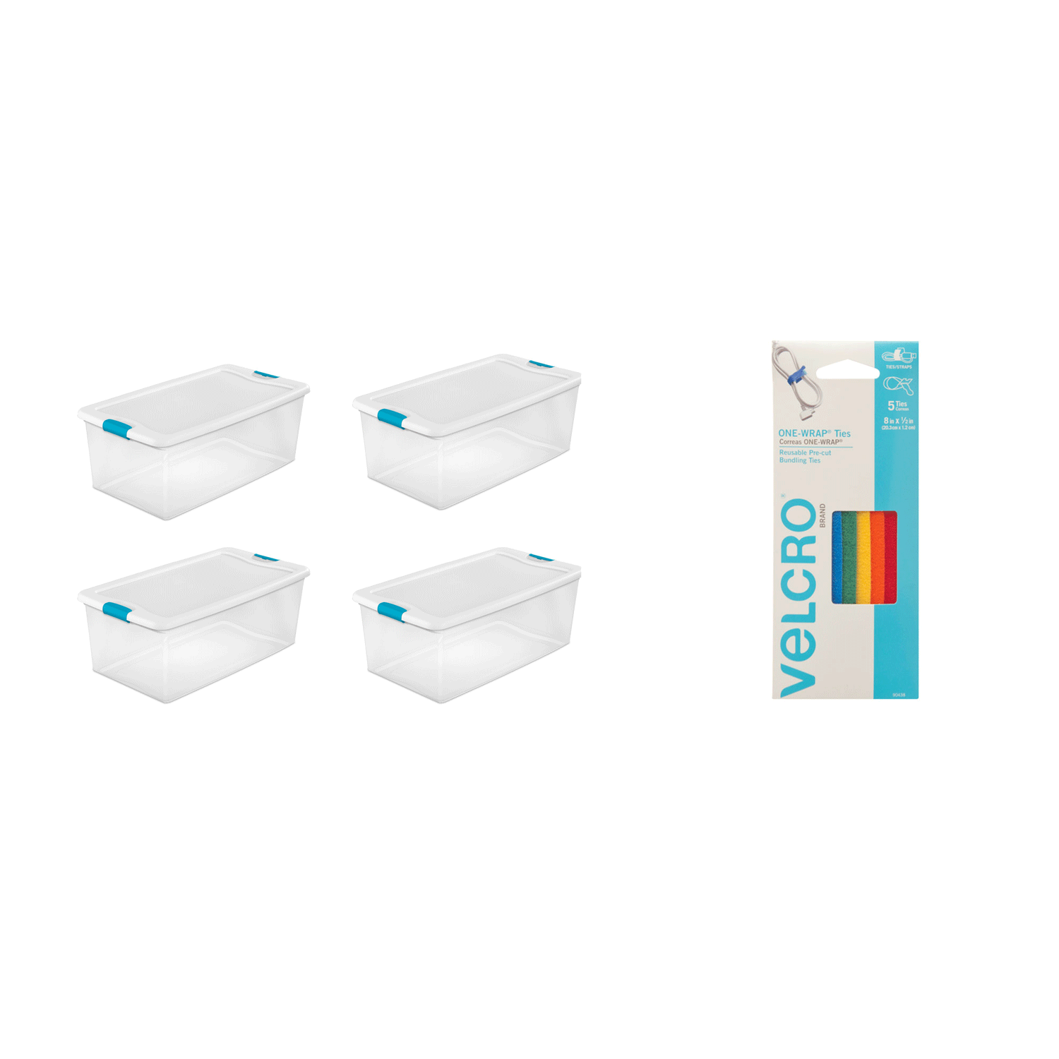 Sterilite 106-Qt Storage (4 Pack) Bundled with VELCRO® Brand Cable Ties (5 Pack) - VMInnovations