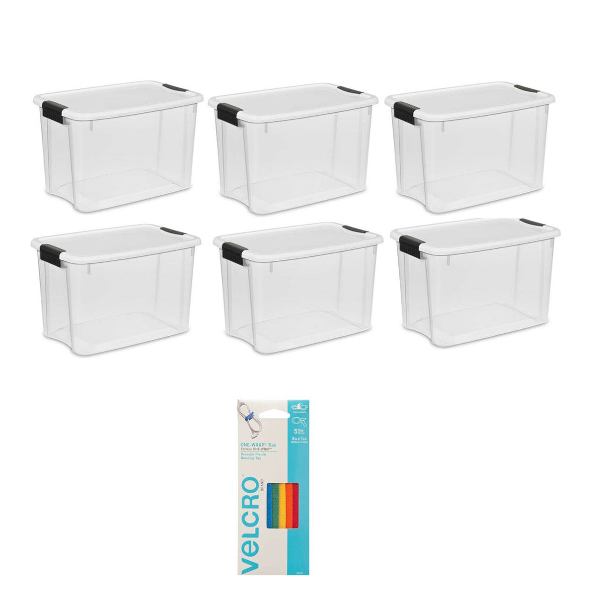 Sterilite 30 Qt Storage w/ Lid (6 Pack) Bundled with VELCRO® Brand Ties (5 Pack)