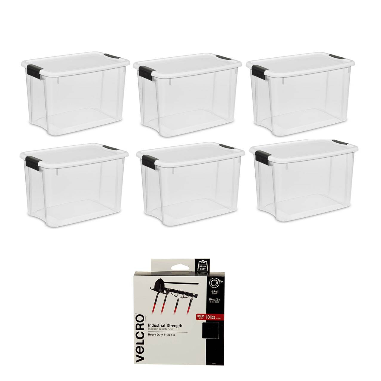 Sterilite 30 Quart Storage Box w/ Lid (6 Pack) Bundled with VELCRO® Brand Roll - VMInnovations