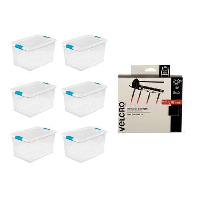 Sterilite 64 Qt Storage Box (6 Pk) Bundled with VELCRO® Brand 15 Ft Roll, Black