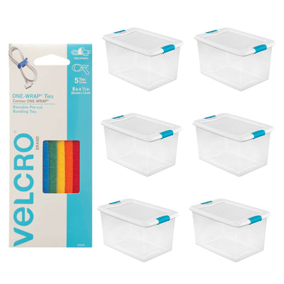 Sterilite 64 Quart Ultra Latch Storage Box, 6 Pk, w/ Velcro Reusable Wire, 5 Pk