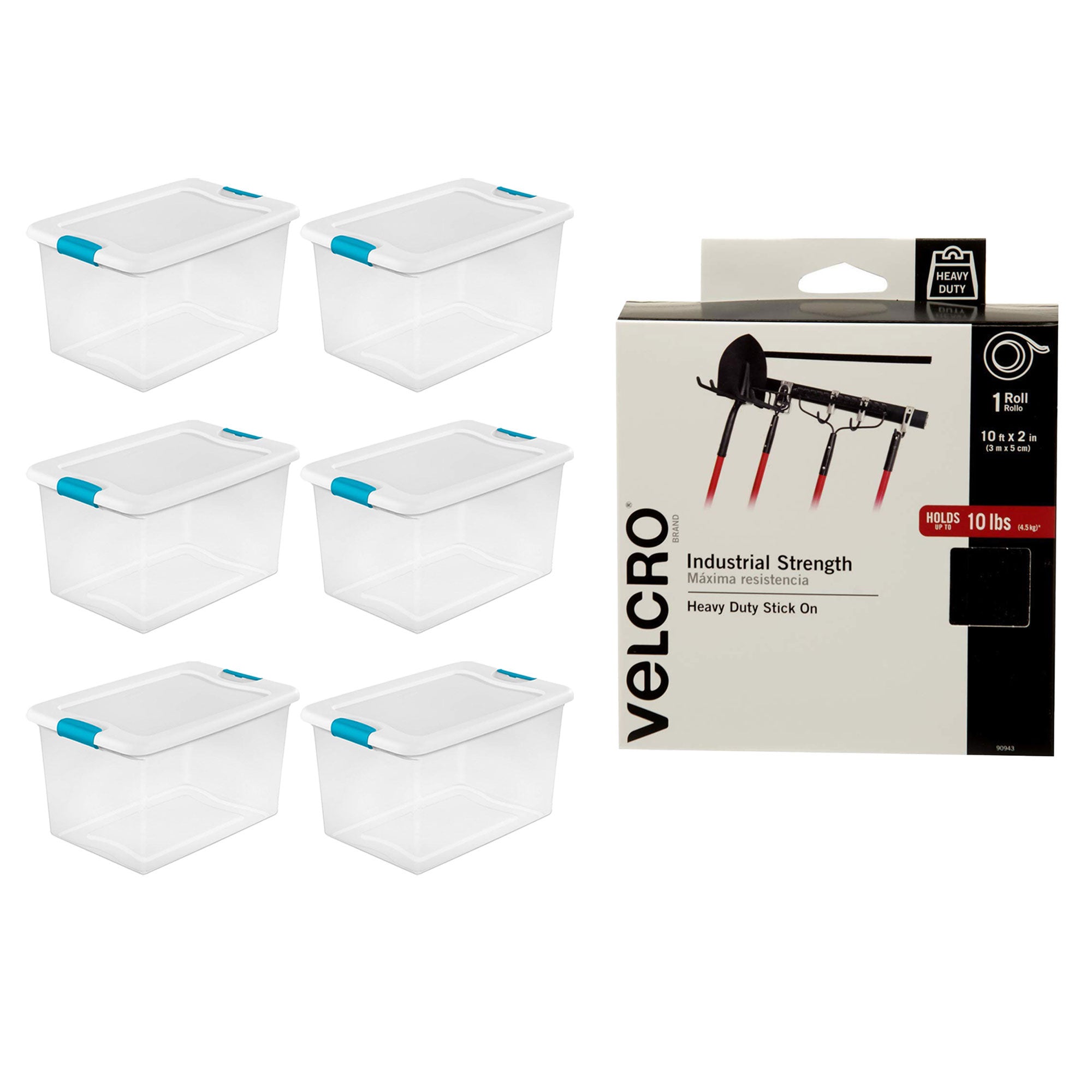 Sterilite 64 Qt Ultra Latch Storage Box, 6 Pk, & Velcro 10 Ft Adhesive Fastener