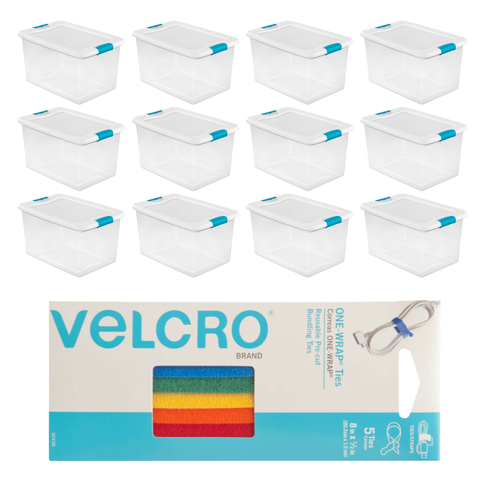 Sterilite 64 Quart Ultra Latch Storage Box, 12 Pk, w/ Velcro Reusable Wire, 5 Pk