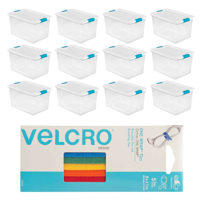 Sterilite 64 Quart Ultra Latch Storage Box, 12 Pk, w/ Velcro Reusable Wire, 5 Pk