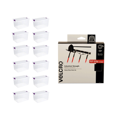 Sterilite 66 Qt Storage (12 Pack) Bundled with VELCRO® Brand 2 Inch 15 Ft Roll
