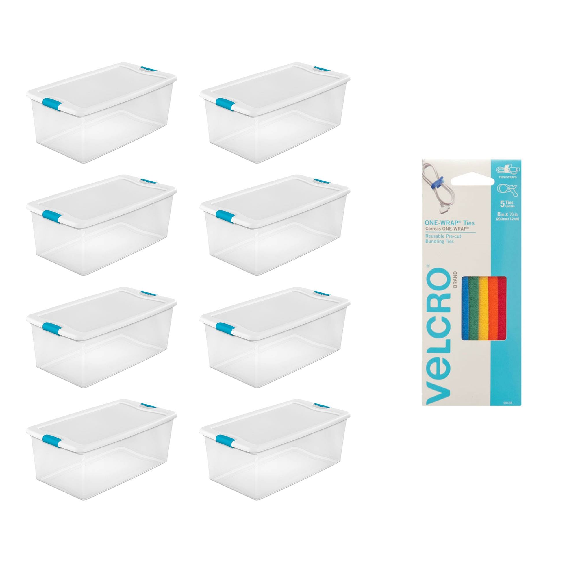 Sterilite 106 Qt Storage w/Lid (8 Pack) Bundled with VELCRO® Brand Ties (5 Pack) - VMInnovations
