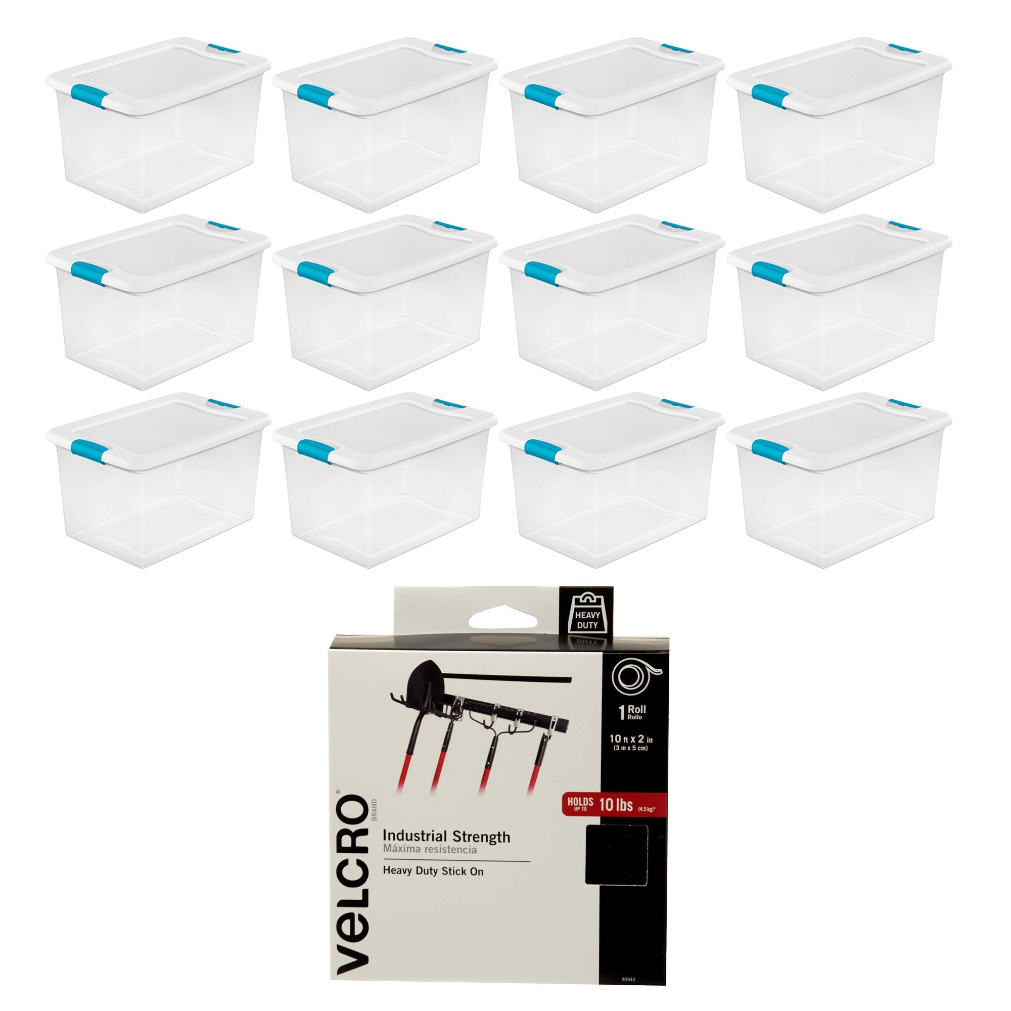 Sterilite 64 Qt Ultra Latch Storage Box, 12 Pk, & Velcro 10 Ft Adhesive Fastener