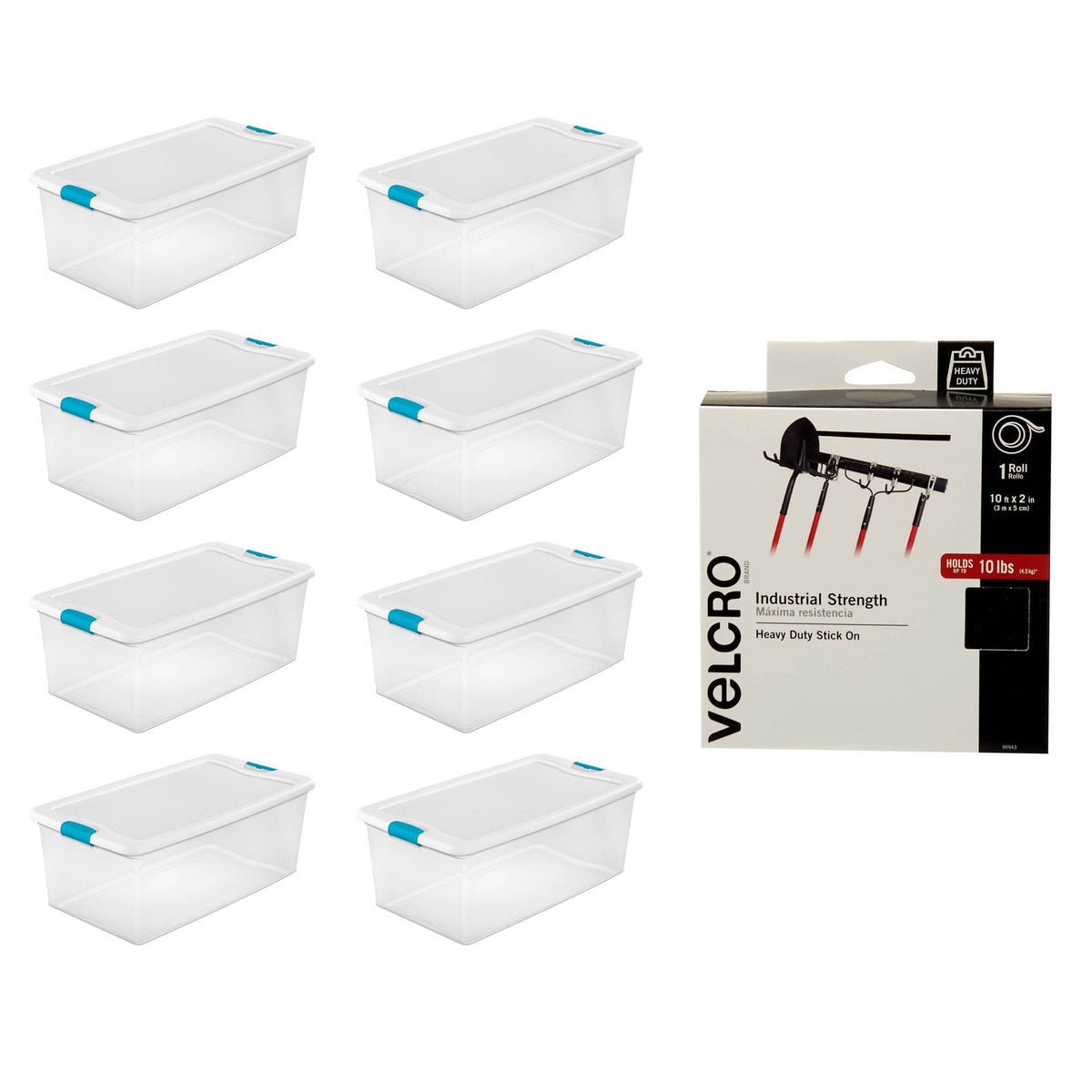 Sterilite 106 Quart Plastic Storage Container Tote (8 Pack) + Velcro Adhesive