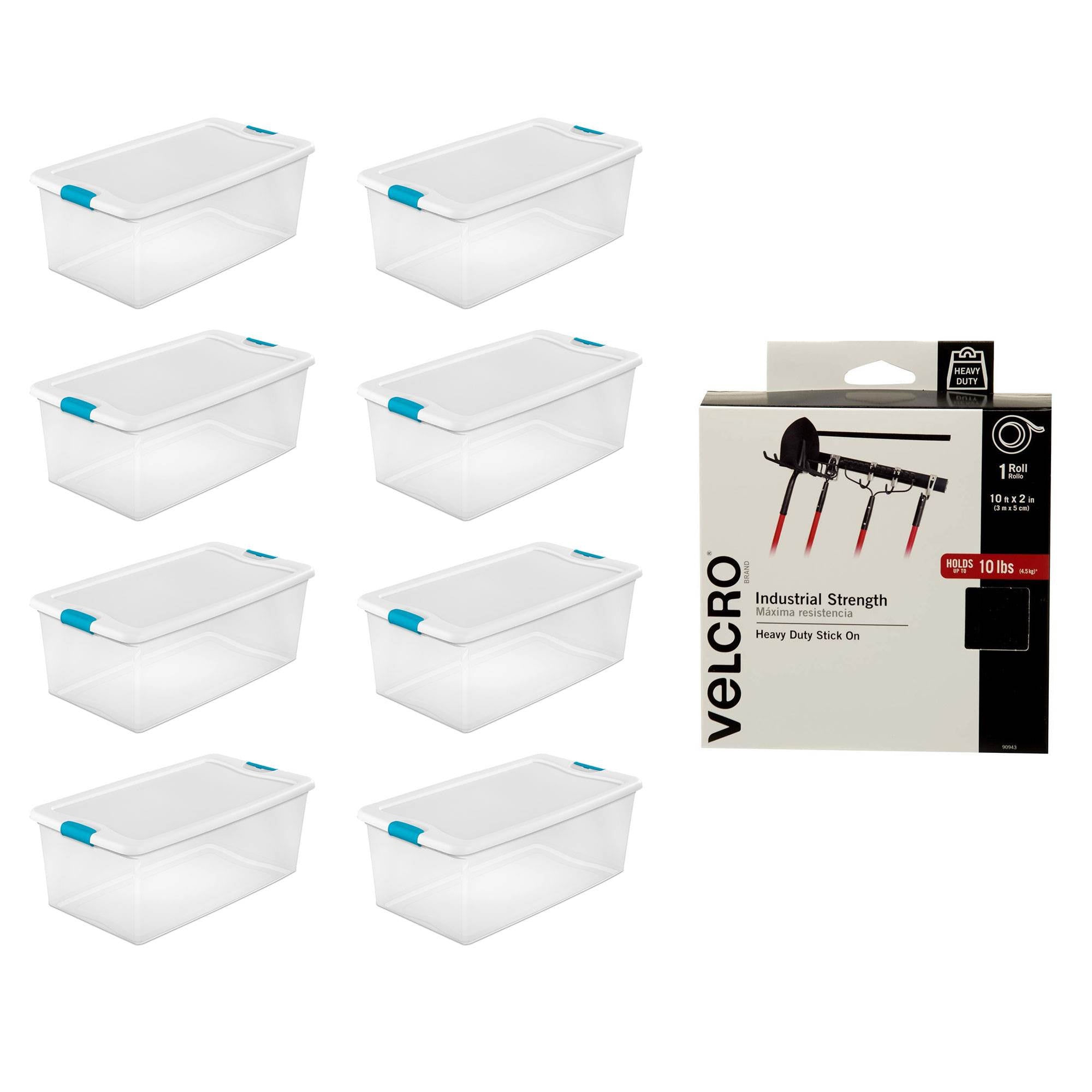 Sterilite 106 Quart Plastic Storage Container Tote (8 Pack) + Velcro Adhesive - VMInnovations