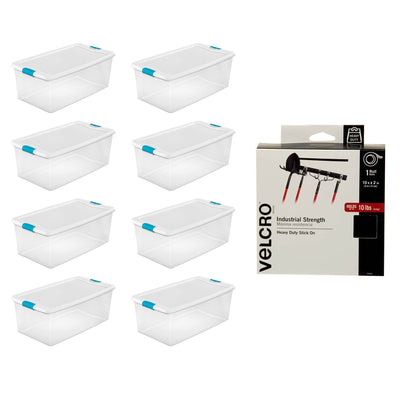Sterilite 106 Quart Plastic Storage Container Tote (8 Pack) + Velcro Adhesive - VMInnovations