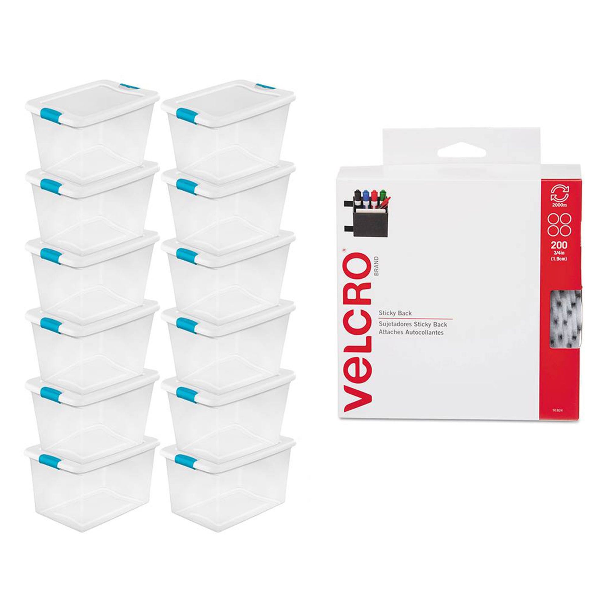 Sterilitie 64 Qt Ultra Latch Storage Box 12 Pack w/ Velcro Sticky Back Pads, 200