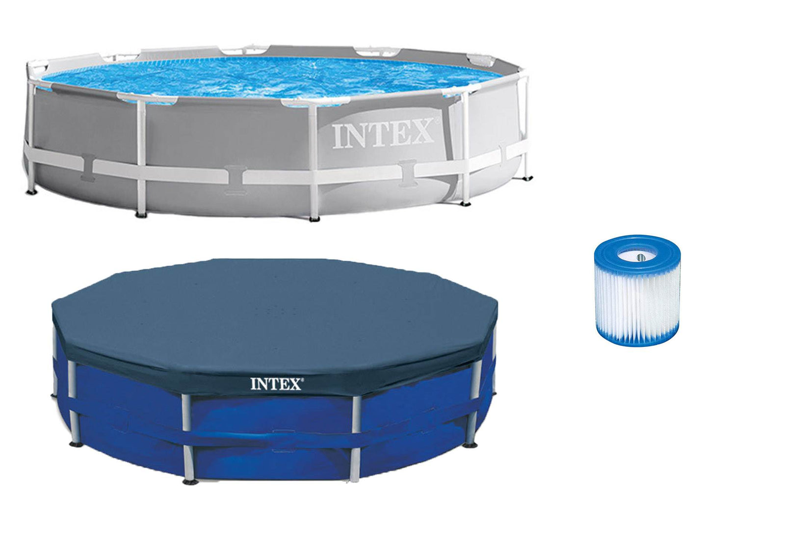 Intex 10ft x 10ft x 30in Pool w/ 10 Foot Round Pool Cover and Filter Cartridge - VMInnovations