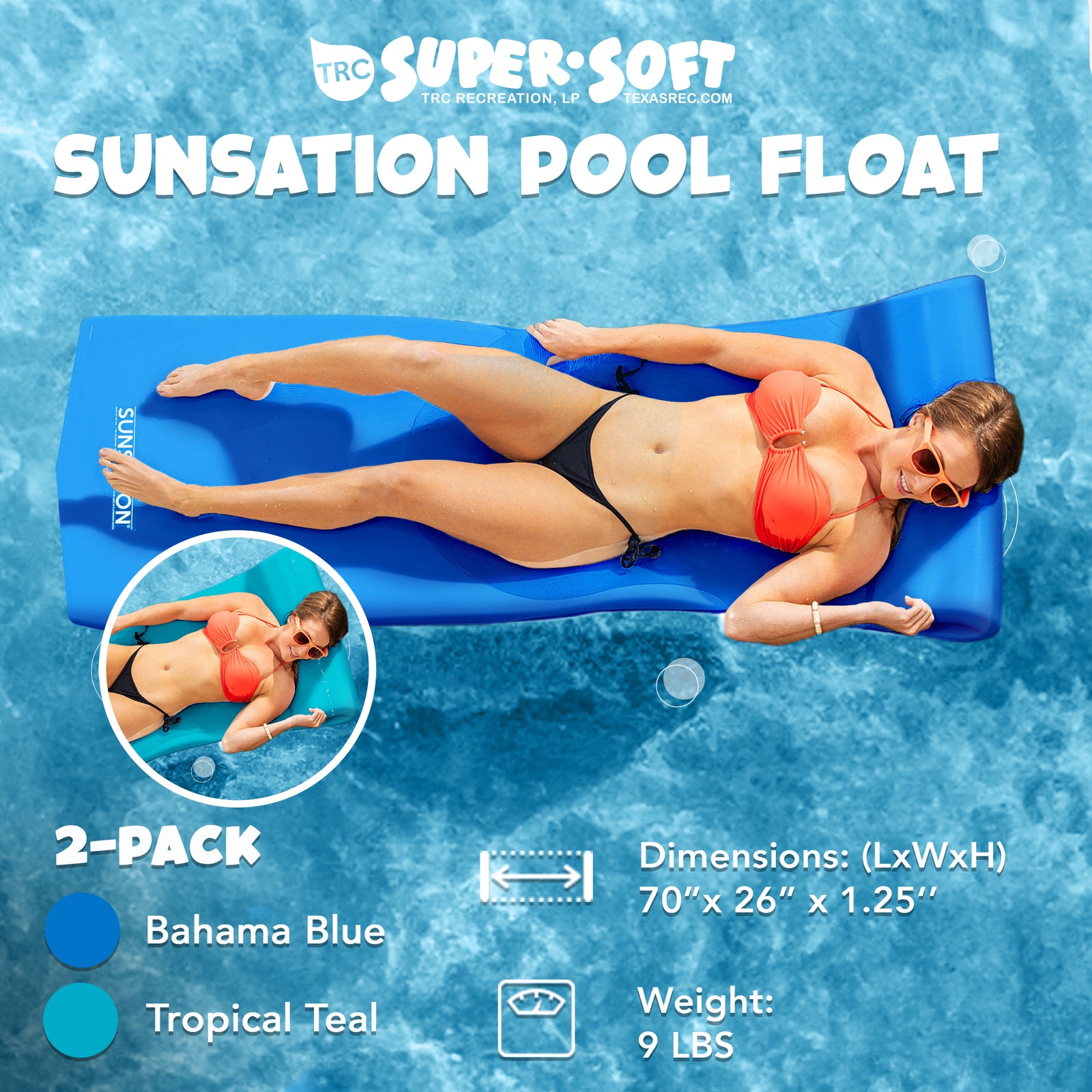 TRC Recreation Sunsation Foam Lounger Pool Floats, Bahama Blue & Tropical Teal - VMInnovations