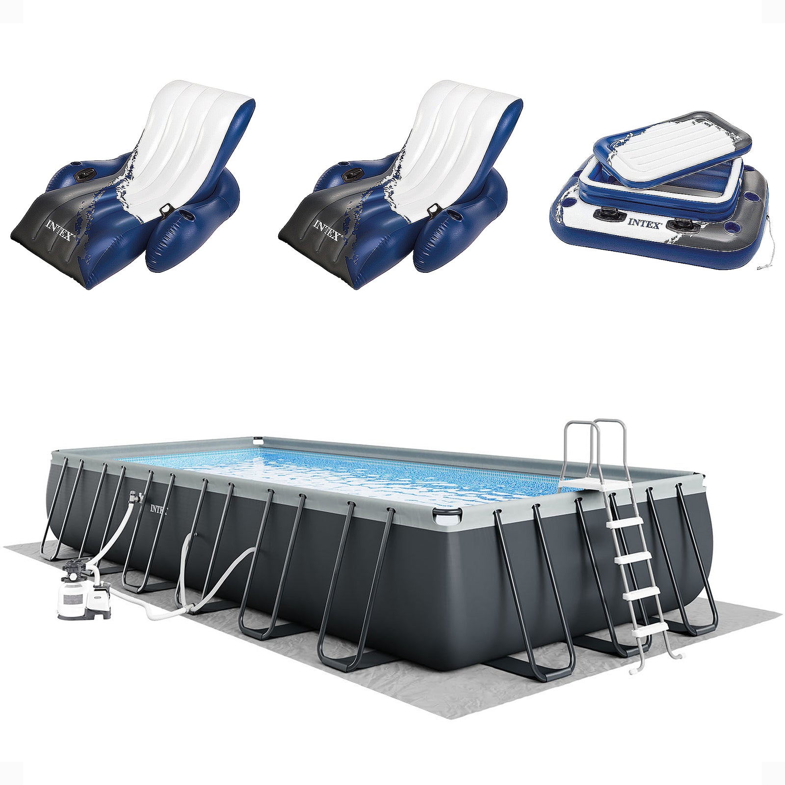 Intex 24 x 12 x 4.3 Foot Ultra XTR Rectangular Pool, 2 Pack of Floats and Cooler - VMInnovations