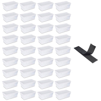 Sterilite 6 Qt Clear Plastic Storage Container Tote (36 Pack) + Hook & Loop Roll