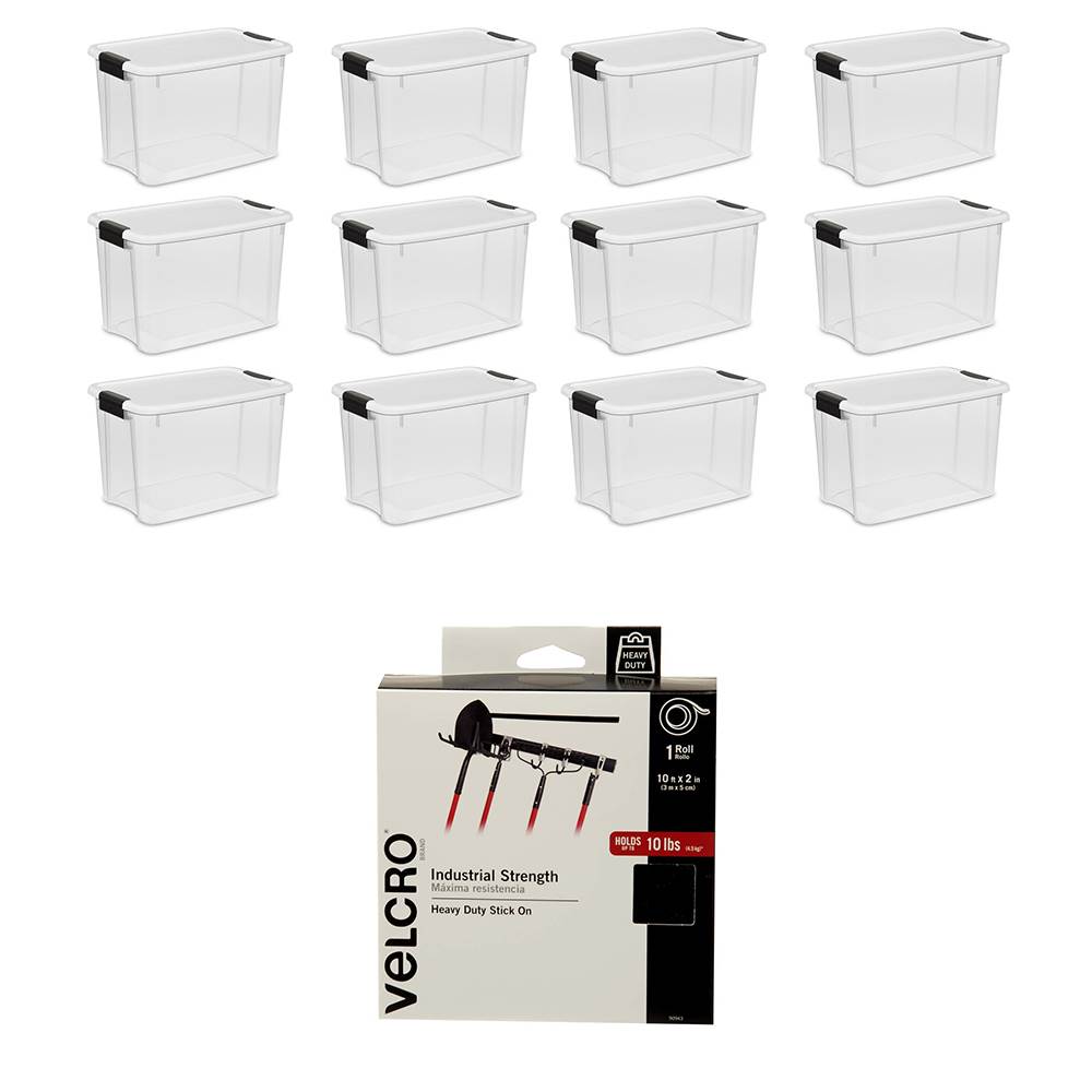 Sterilite 30 Quart Storage Box (12 Pack) Bundled with VELCRO® Brand Adhesive - VMInnovations