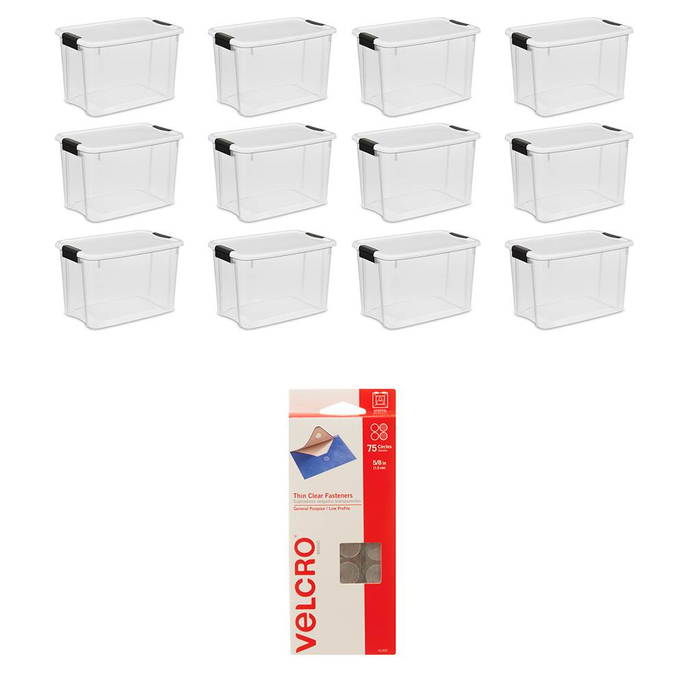 Sterilite 30 Qt Storage Box (12 Pack) with VELCRO Brand Coin Fasteners (75 Pack) - VMInnovations