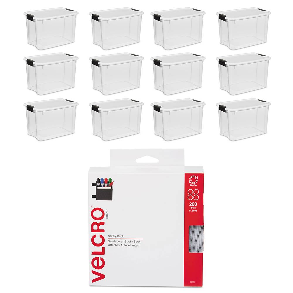 Sterilite 30 Qt Storage Box (12 Pack) Bunlded with VELCRO® Brand Pads (200 Pack) - VMInnovations